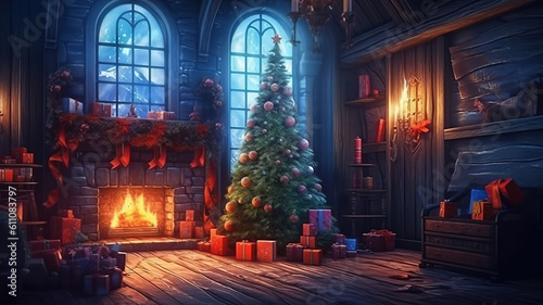 Interior christmas. magic glowing tree  fireplace gifts in dark. Generative ai