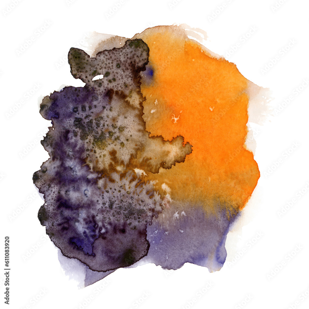 Bright painted violet, orange and brown watercolor splash isolated on white background. Hand drawn texture