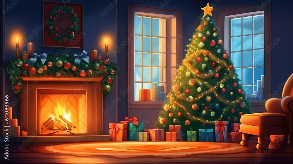 Christmas and New Year decorated interior room with presents. Generative ai
