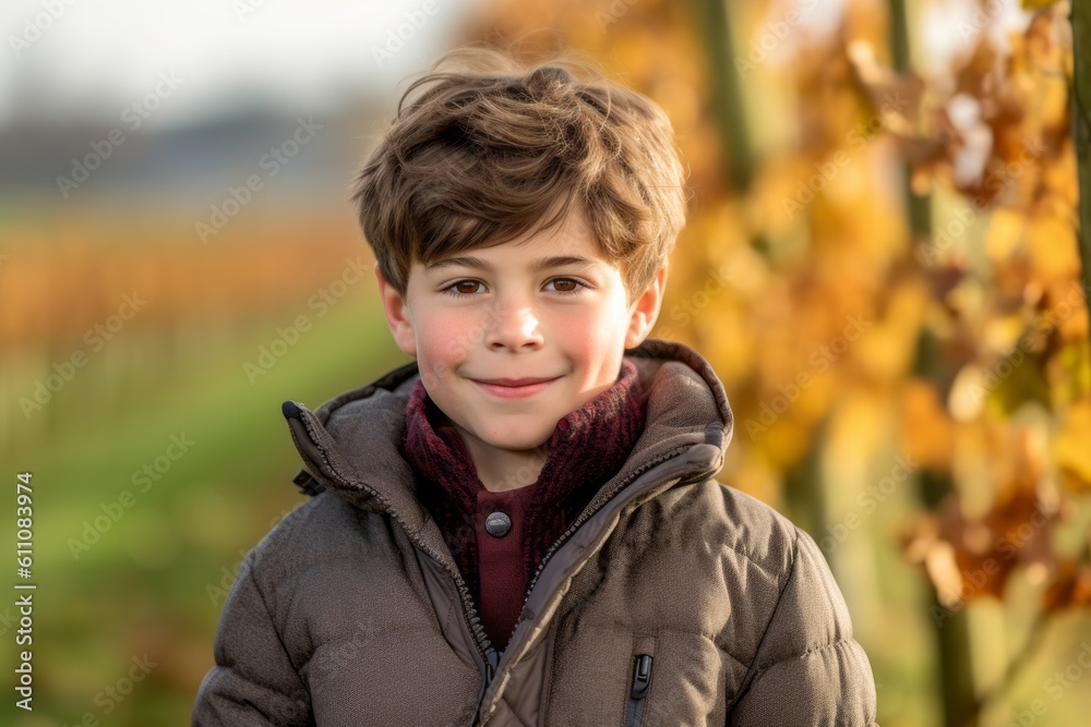 Headshot portrait photography of a glad kid male wearing a cozy winter coat against a vineyard background. With generative AI technology Headshot portrait photography of a glad kid male wearing a cozy winter coat against a vineyard background. With generative AI technology