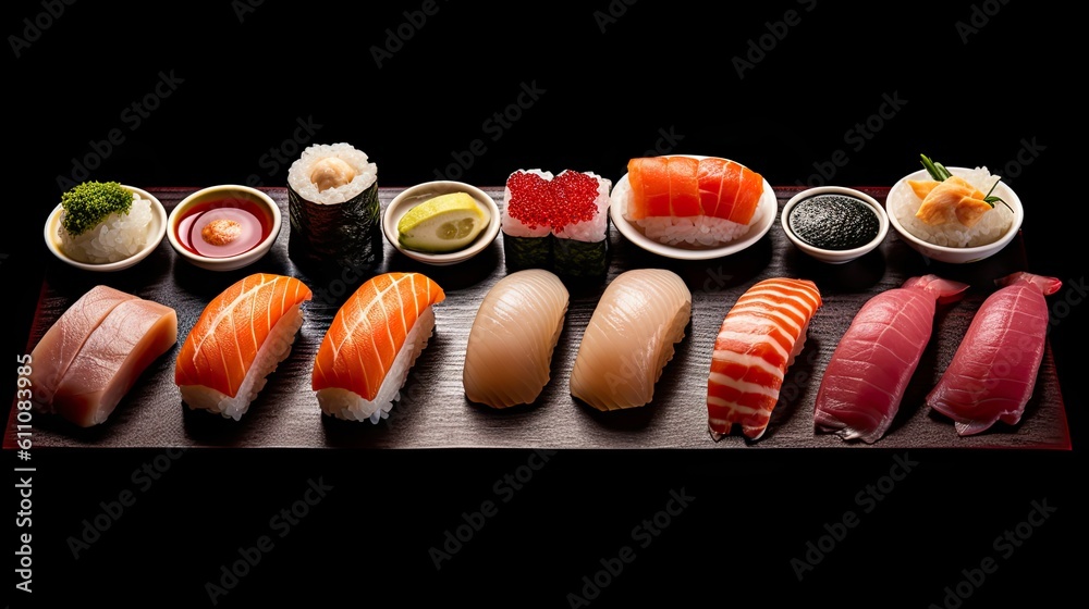 Sushi Photography, Professional & Cinematic & Studio Shot, Studio lighting, cinematic shadows, highly sturated subject, close up. Generative AI.