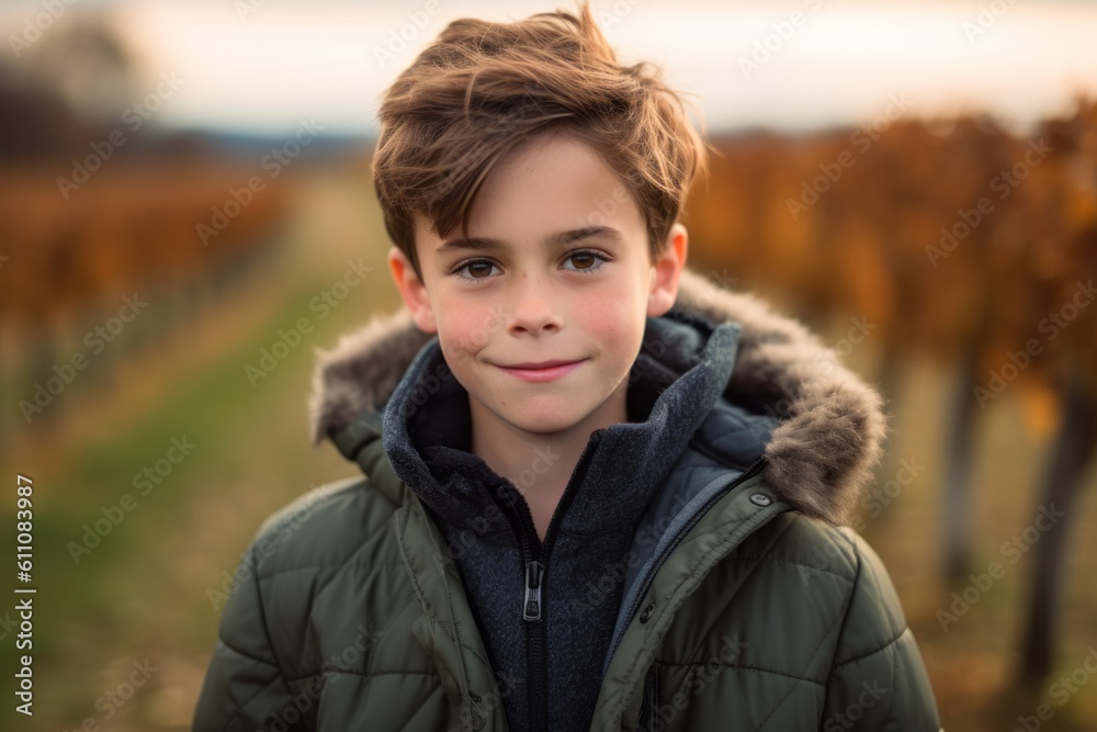 Headshot portrait photography of a glad kid male wearing a cozy winter coat against a vineyard background. With generative AI technology