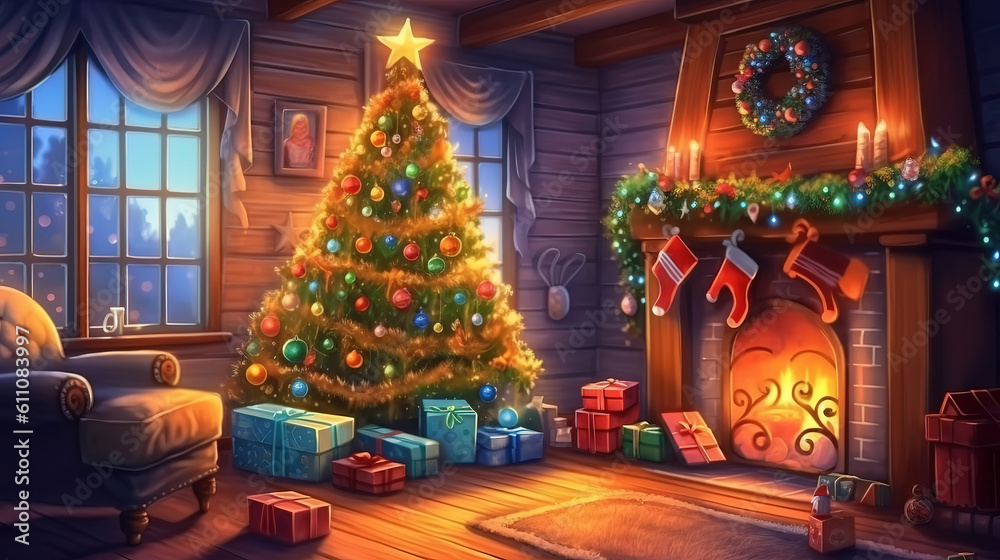 Still life with festively decorated home interior with Christmas tree. Generative ai