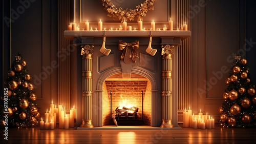 Fireplace with christmas decoration 3D rendering, Bright color. Generative ai