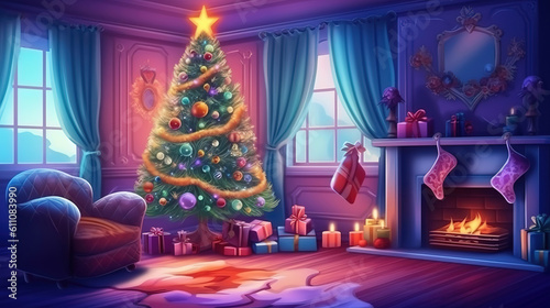 Festive interior with decorated Christmas tree and fireplace. Generative ai