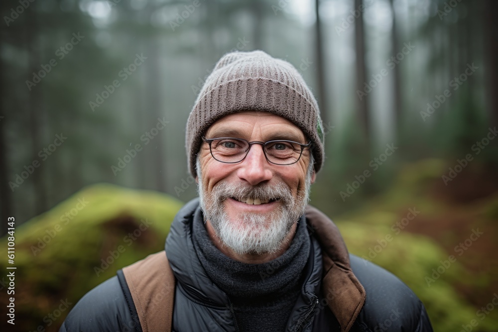 Group portrait photography of a grinning mature man wearing a warm beanie or knit hat against a foggy forest background. With generative AI technology Group portrait photography of a grinning mature man wearing a warm beanie or knit hat against a foggy forest background. With generative AI technology