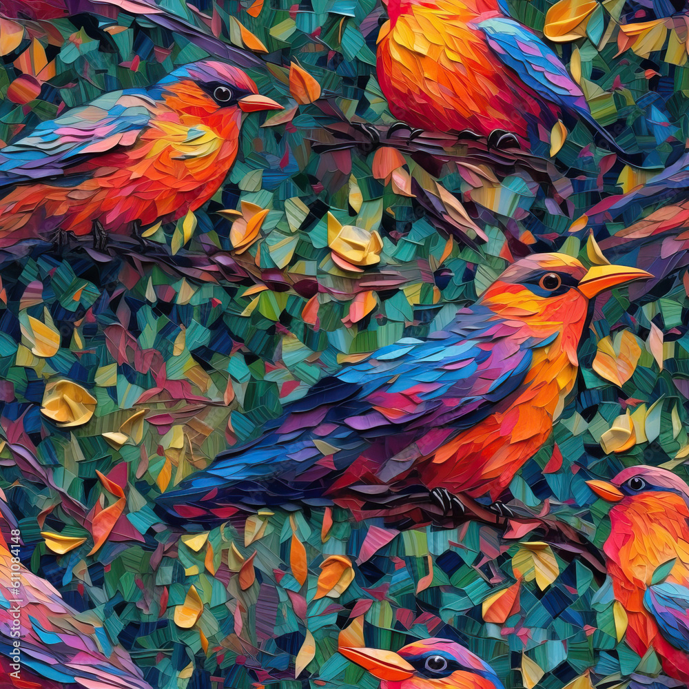 Obraz premium Birds oil painting seamless repeat pattern, colorful, impressionism [Generative AI] 