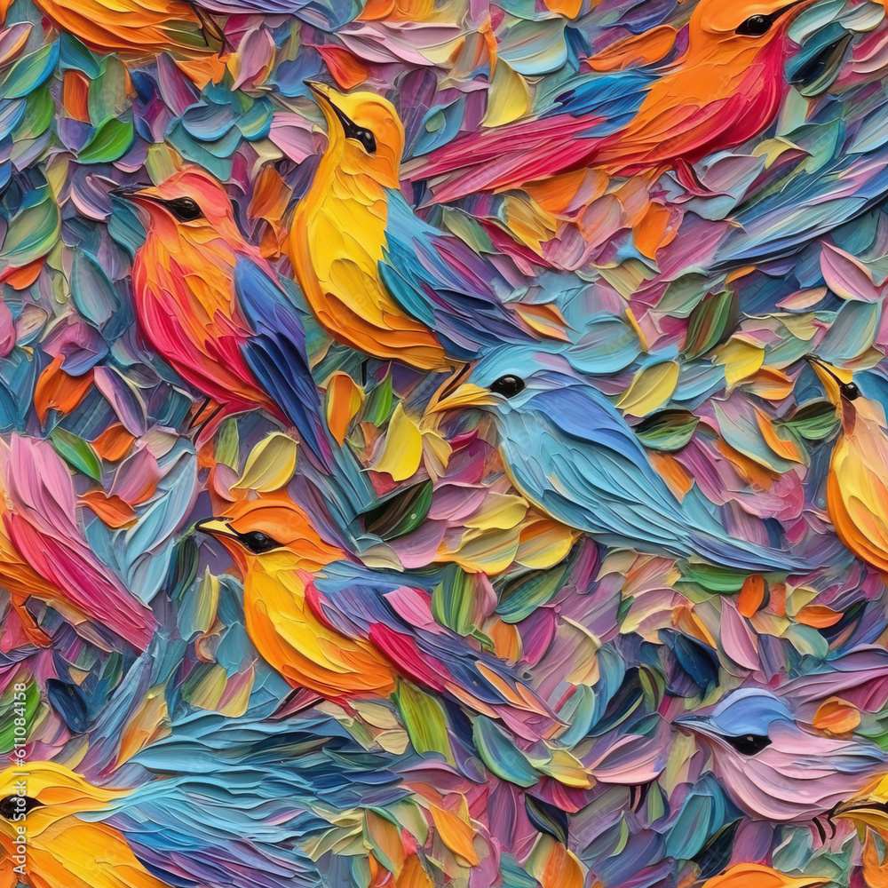 Obraz premium Birds oil painting seamless repeat pattern, colorful, impressionism [Generative AI] 