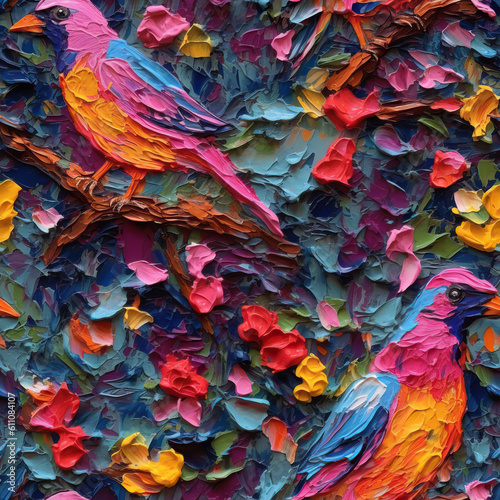 Birds oil painting seamless repeat pattern  colorful  impressionism  Generative AI  