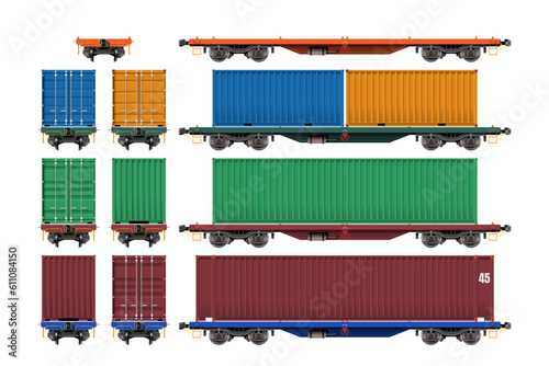 VECTOR EPS10 - various freight car, train cargo wagons, flatbed with container