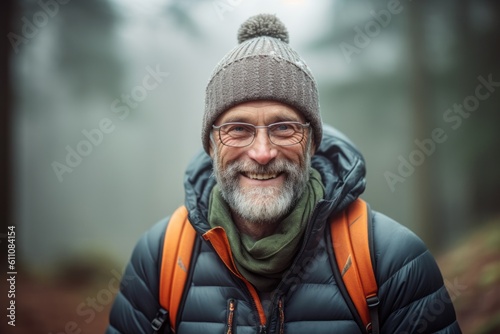 Group portrait photography of a grinning mature man wearing a warm beanie or knit hat against a foggy forest background. With generative AI technology