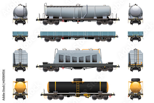 VECTOR EPS10 - various freight car, train cargo wagons,side view front and rear, isolated on white background.