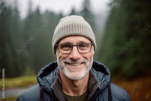Group portrait photography of a grinning mature man wearing a warm beanie or knit hat against a foggy forest background. With generative AI technology