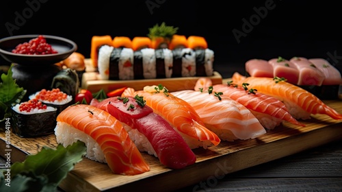 Sushi Photography, Professional & Cinematic & Studio Shot, Studio lighting, cinematic shadows, highly sturated subject, close up. Generative AI.