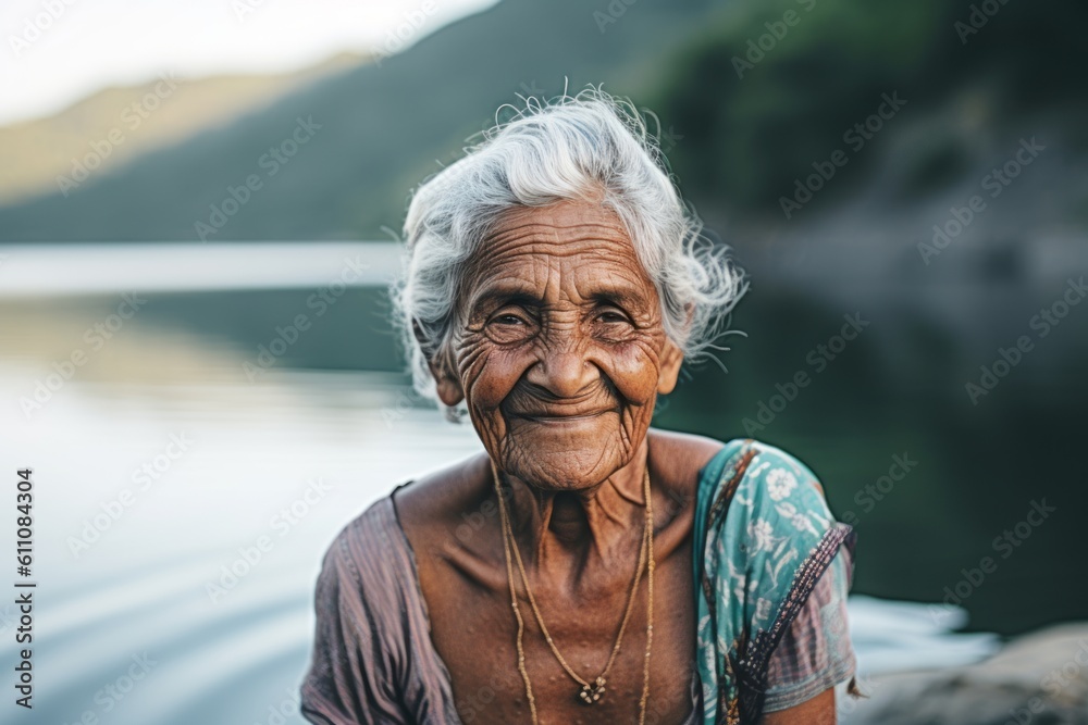 Medium shot portrait photography of a grinning old woman wearing a daring tube top against a tranquil lake background. With generative AI technology Medium shot portrait photography of a grinning old woman wearing a daring tube top against a tranquil lake background. With generative AI technology