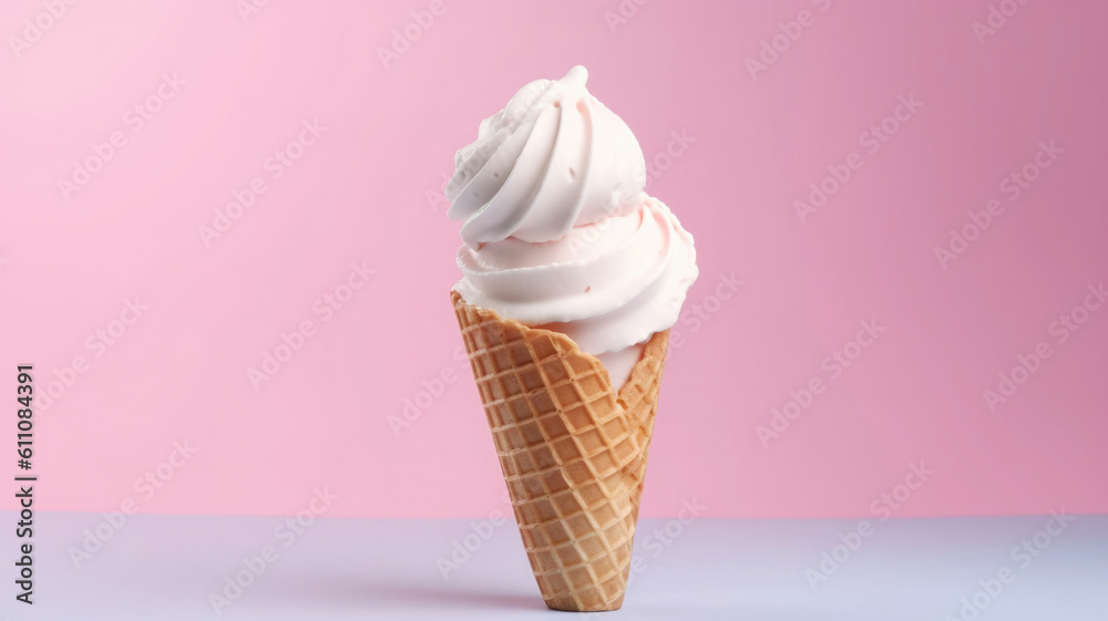 Ice cream cone on colored background, minimal style. Creative summer banner. Created with Generative AI Ice cream cone on colored background, minimal style. Creative summer banner. Created with Generative AI