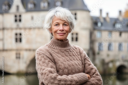 Medium shot portrait photography of a glad mature woman wearing a cozy sweater against a medieval castle background. With generative AI technology