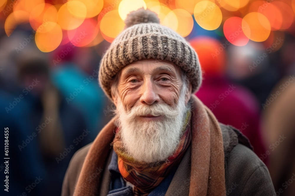 Medium shot portrait photography of a glad old man wearing a warm beanie or knit hat against a vibrant festival background. With generative AI technology