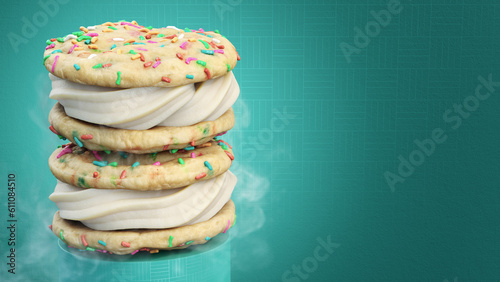 Two Frozen Confetti Ice Cream Sandwiches Stacked on Platform (ID: 611084510)