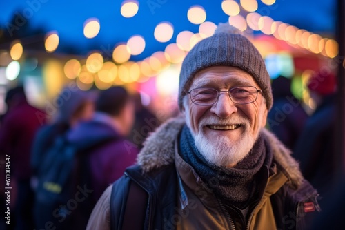Medium shot portrait photography of a glad old man wearing a warm beanie or knit hat against a vibrant festival background. With generative AI technology