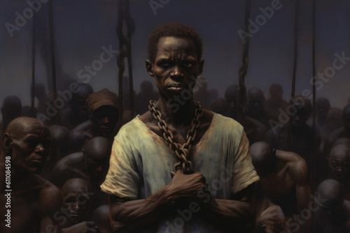 Male prisoner in chain. Child slavery concept. Victim chained in captivity. Created with Generative AI
