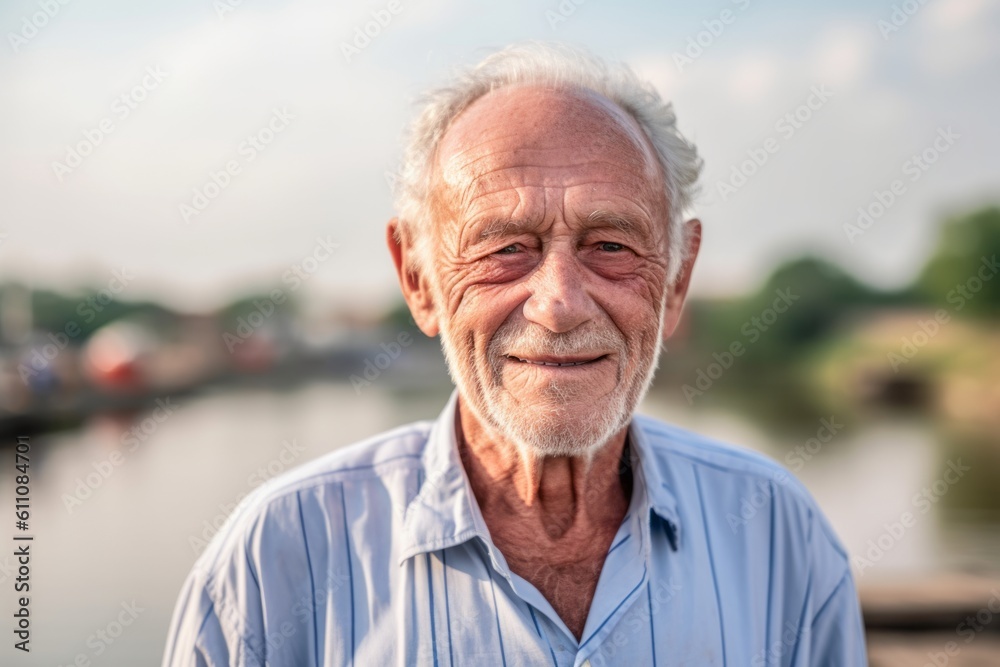 Medium shot portrait photography of a glad old man wearing a casual short-sleeve shirt against a riverfront background. With generative AI technology Medium shot portrait photography of a glad old man wearing a casual short-sleeve shirt against a riverfront background. With generative AI technology