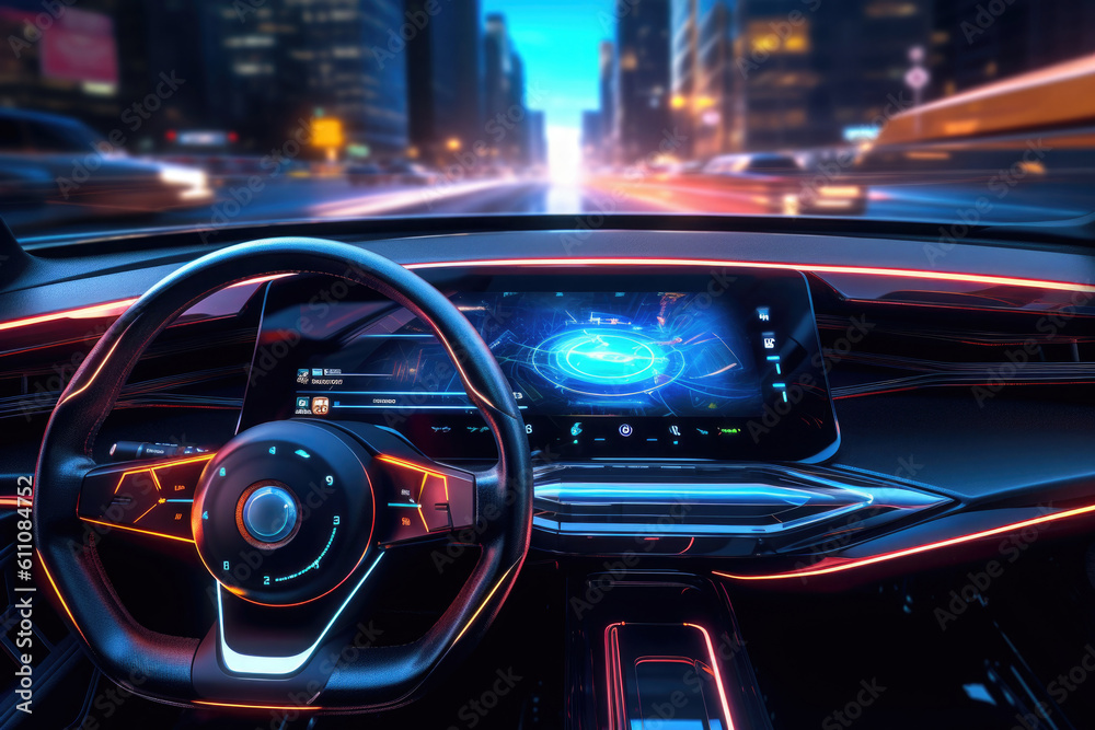 Futuristic autonomous vehicle cockpit. Interior of unmanned car cockpit with digital screens. Created with Generative AI