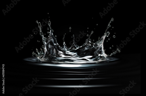 Water crown splash close up on black background. Generative A.I.