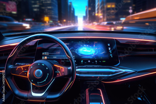 Futuristic autonomous vehicle cockpit. Interior of unmanned car cockpit with digital screens. Created with Generative AI © Lazy_Bear