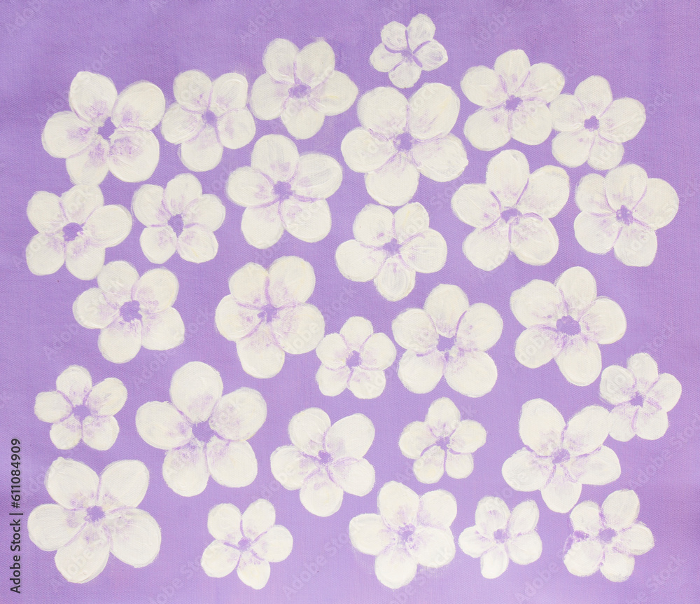 White spring flowers on purple acrylic painting White spring flowers on purple acrylic painting