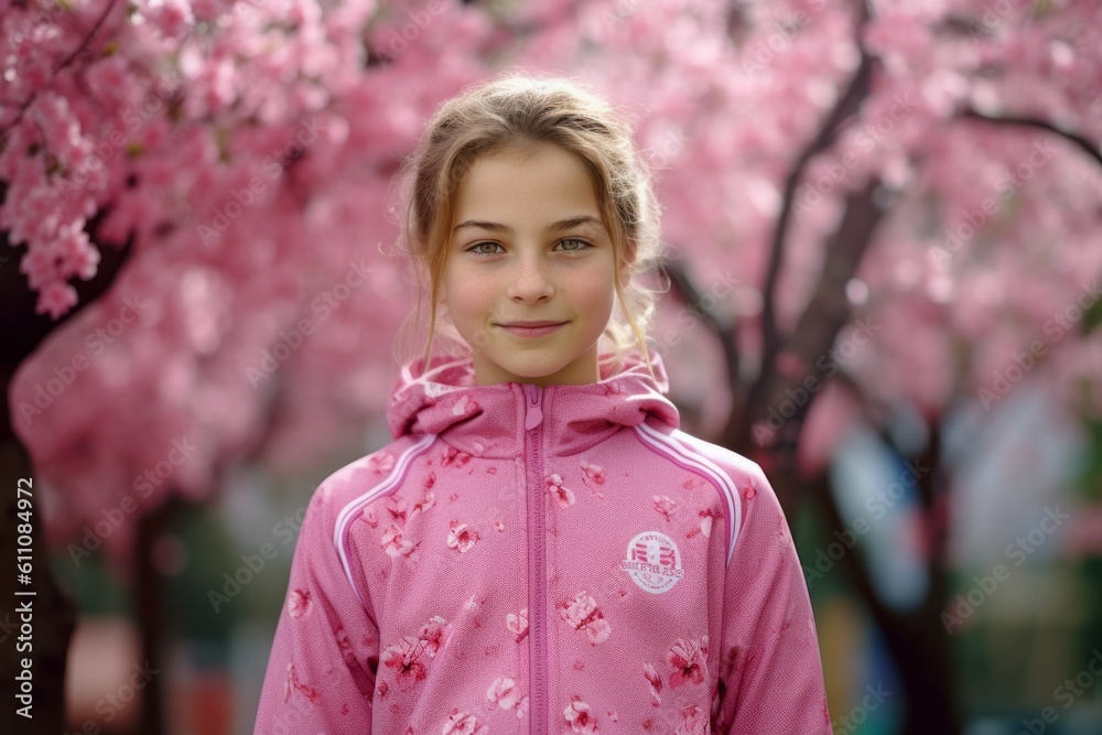 Headshot portrait photography of a glad kid female wearing a comfortable tracksuit against a cherry blossom background. With generative AI technology Headshot portrait photography of a glad kid female wearing a comfortable tracksuit against a cherry blossom background. With generative AI technology
