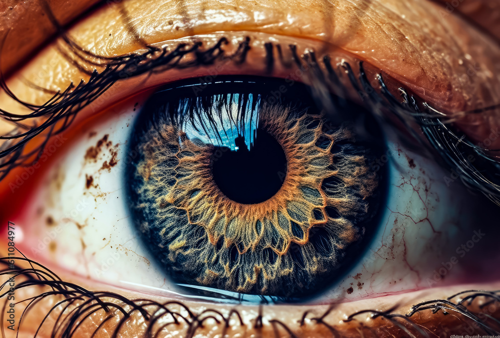an eye with a beautiful blue sky in it, close up, generative ai