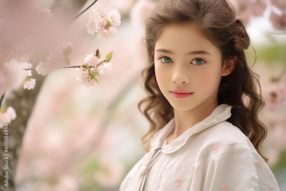 Close-up portrait photography of a grinning kid female wearing an elegant long skirt against a cherry blossom background. With generative AI technology Close-up portrait photography of a grinning kid female wearing an elegant long skirt against a cherry blossom background. With generative AI technology