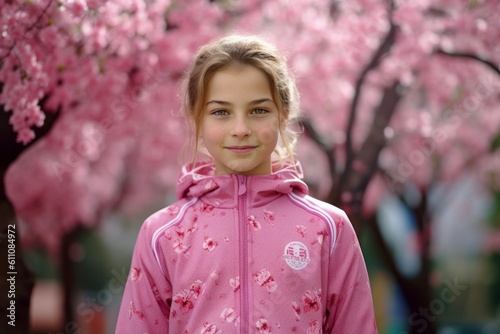 Headshot portrait photography of a glad kid female wearing a comfortable tracksuit against a cherry blossom background. With generative AI technology