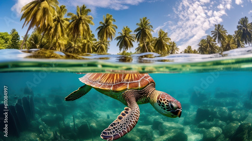 Submerged Serenity  A Sea Turtle s Dance in Shallow Waters. Generative AI