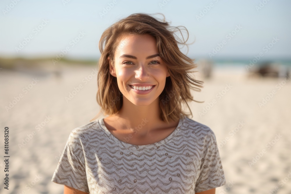 Close-up portrait photography of a satisfied girl in her 30s wearing a fun graphic tee against a serene beach background. With generative AI technology