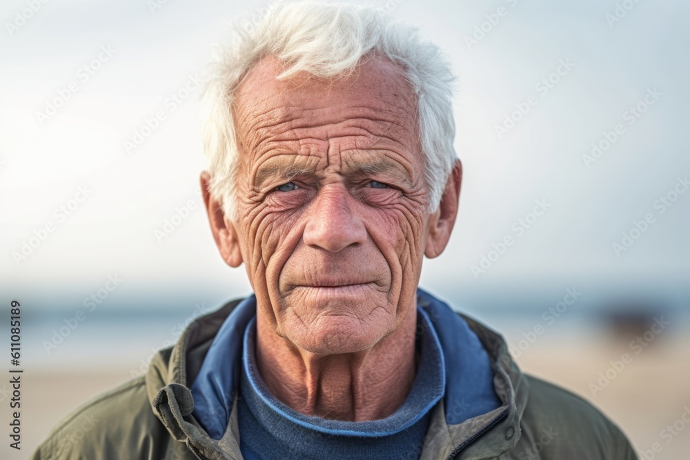 Close-up portrait photography of a satisfied old man wearing a denim jacket against a serene beach background. With generative AI technology Close-up portrait photography of a satisfied old man wearing a denim jacket against a serene beach background. With generative AI technology