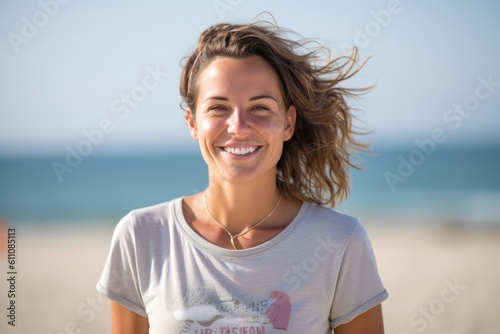 Close-up portrait photography of a satisfied girl in her 30s wearing a fun graphic tee against a serene beach background. With generative AI technology