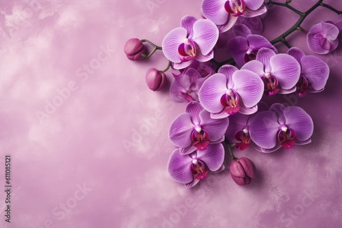 Sprig of purple orchid phalaenopsis on a pink background. Copy space. Generative AI photo