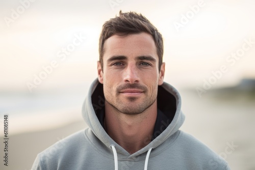 Headshot portrait photography of a glad boy in his 30s wearing a comfortable hoodie against a serene beach background. With generative AI technology