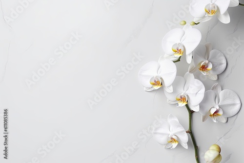 Flowers of white orchid phalaenopsis on a white background. Copy space. Generative AI
