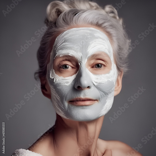 Portrait of a middle-aged woman with a mineralized cream mask on her face, generative AI content.