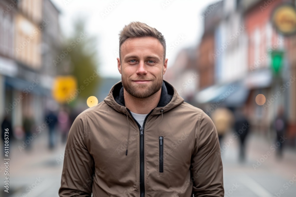 Medium shot portrait photography of a satisfied boy in his 30s wearing a comfortable tracksuit against a small town main street background. With generative AI technology Medium shot portrait photography of a satisfied boy in his 30s wearing a comfortable tracksuit against a small town main street background. With generative AI technology