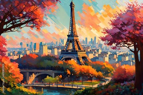 An enchanting illustration captures the elegance and grandeur of the Eiffel Tower  transporting you to the heart of Paris from the comfort of your own imagination.   Generative AI