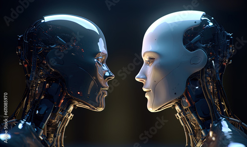  two humanoid robots, one male and one female facing to each other. Generative A.I..