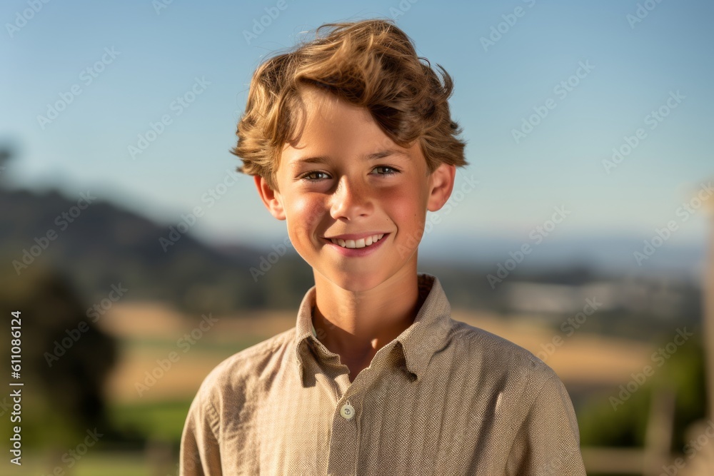 Headshot portrait photography of a satisfied mature boy wearing a classy button-up shirt against a rolling hills background. With generative AI technology