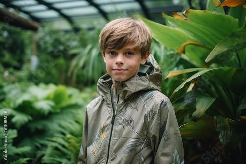 Environmental portrait photography of a satisfied mature boy wearing a lightweight windbreaker against a botanical garden background. With generative AI technology