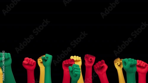 Juneteenth Freedom Day loopable animation featuring hands clenched in a fist, red, green and yellow on a transparent background with an alpha channel.