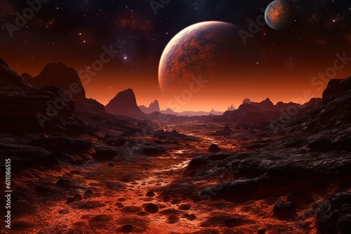 a planet that seems to be red in the distance, with mountains and rocks visible in the foreground Generative AI photo