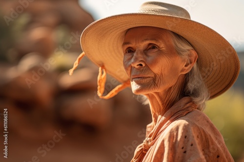 Lifestyle portrait photography of a glad old woman wearing a stylish sun hat against a national park background. With generative AI technology
